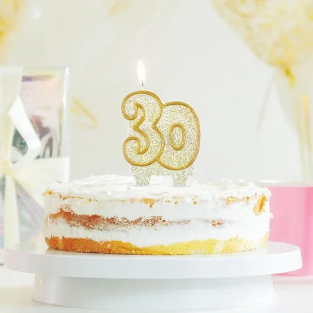 Świeczka urodzinowa cyfra 30 złoty brokat 8cm 1szt Świeczka na tort