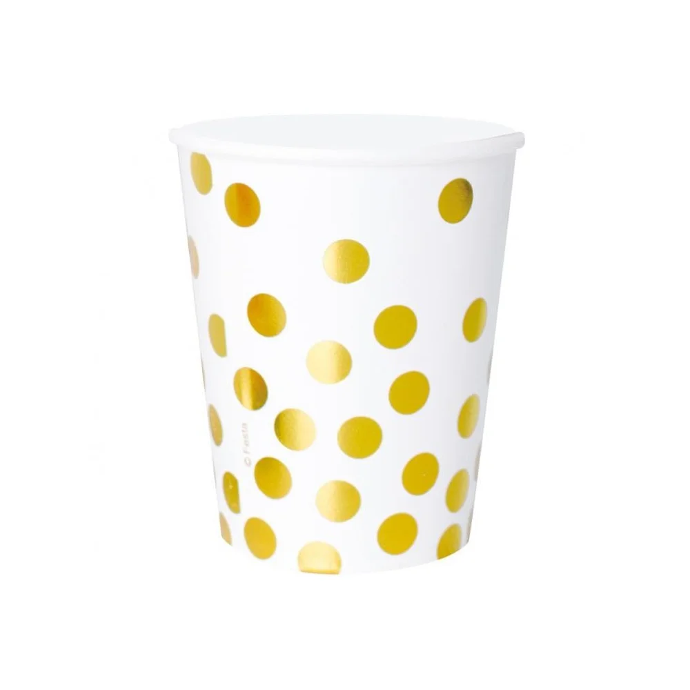 Elegant white paper cups with golden polka dots TNT 270 ml 6 pcs.