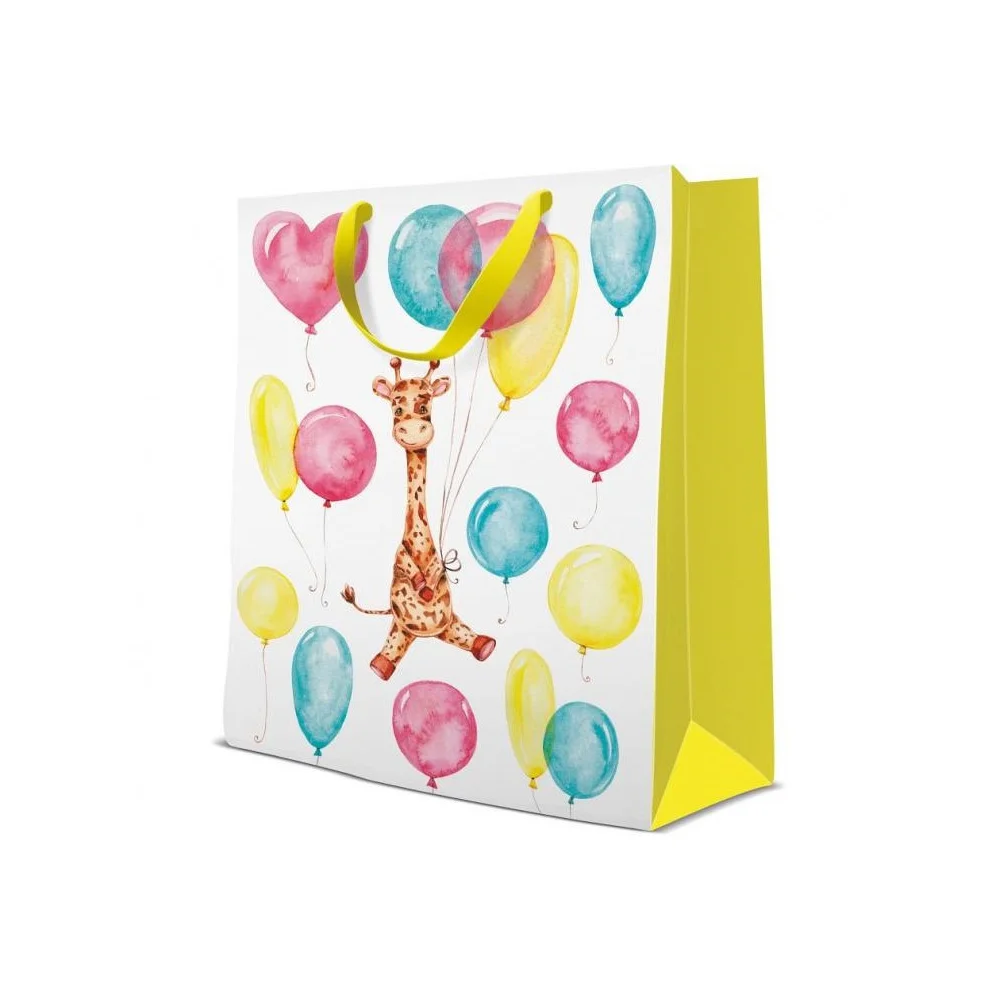 Torba prezentowa dla dziecka kolorowe baloniki i żyrafa PAW 33,5x26,5x13 cm