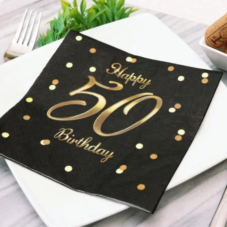 Birthday Napkins for a 50th Birthday Happy Birthday 33 cm 20 pcs Black and Gold