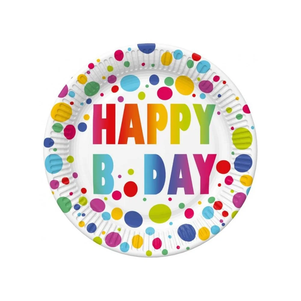 Colorful Polka Dot "Happy Birthday" Paper Plates - 8 pcs, 18cm