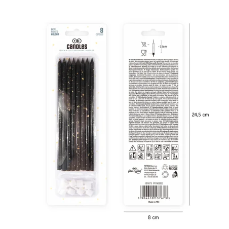Long Straight Black and Gold Cake Candles - 8 Pieces Birthday Cake Decoration