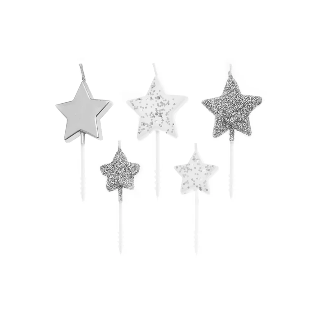 Silver Star Glitter Cake Candles - Star Cake Decoration - 5 Pieces