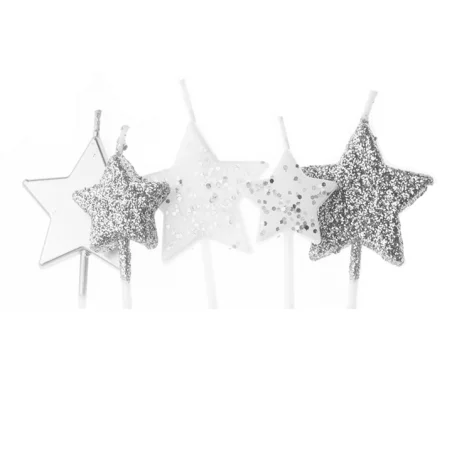 Silver Star Glitter Cake Candles - Star Cake Decoration - 5 Pieces