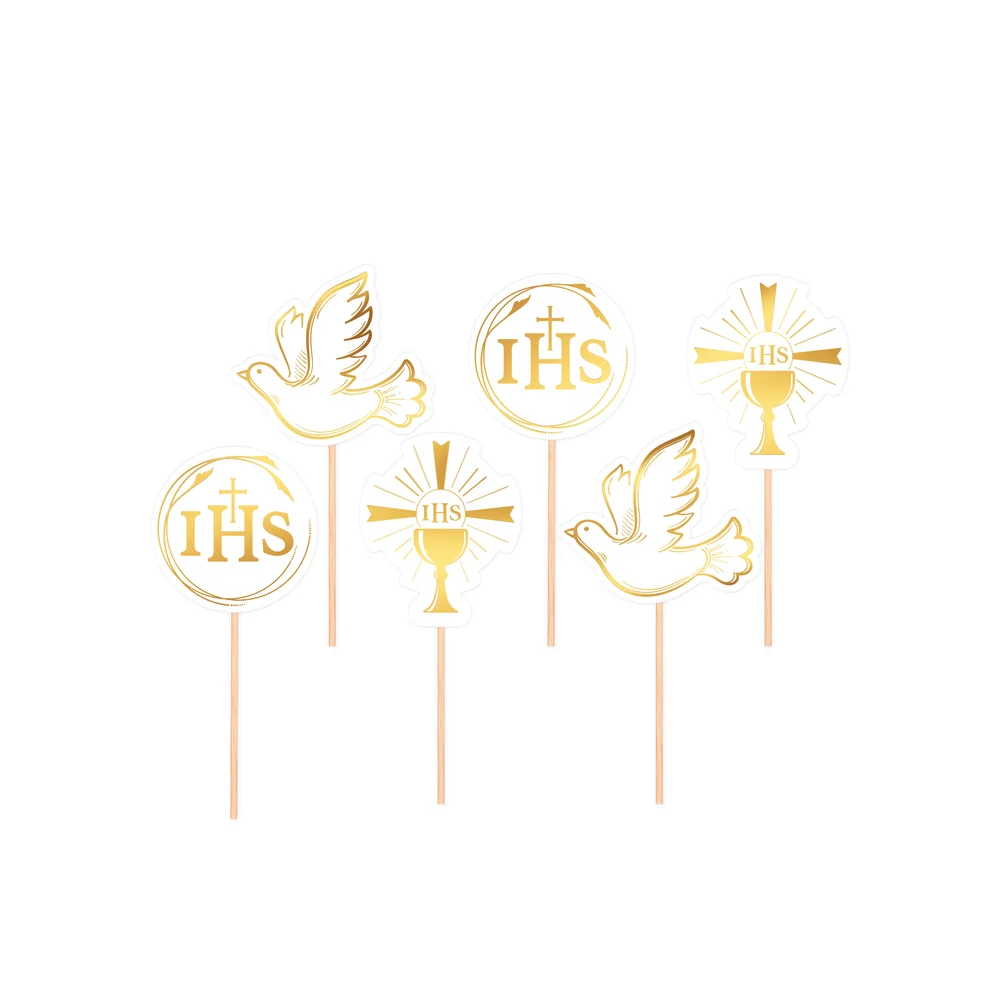 Toppery na ciasto Pierwsza Komunia Święta złote mix 6szt pikery na babeczki