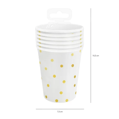 Kubeczki papierowe białe w złote kropki 220 ml 8 szt.