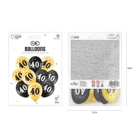 Black and Gold Latex Balloons for a 40th Birthday Celebration - 12 inches, Set of 10