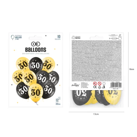 Black and Gold Latex Balloons for a 30th Birthday Celebration - 12 inches, Pack of 10